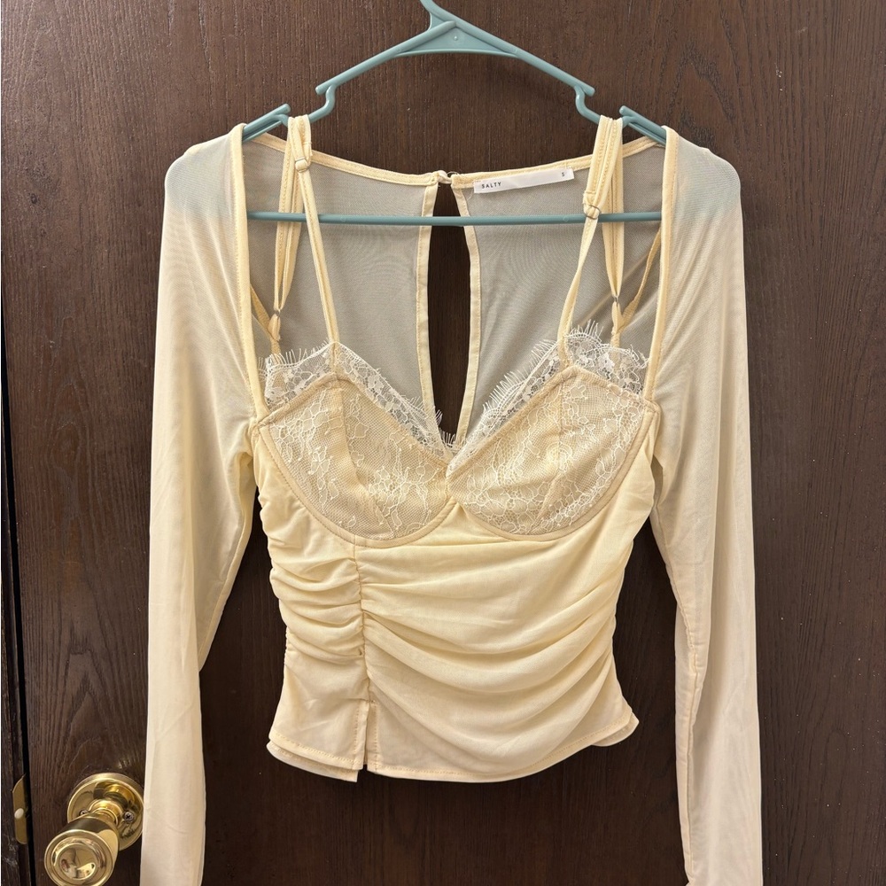 Cream Ruched Long Sleeve Lace Blouse with Cut Out Details